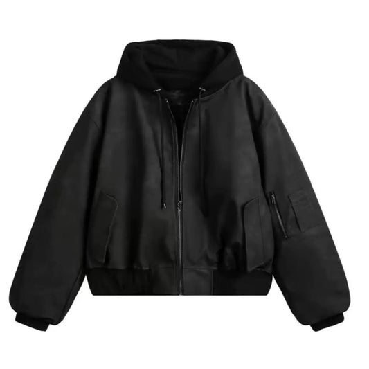 Bomber Lederjacke Kapuze oversize